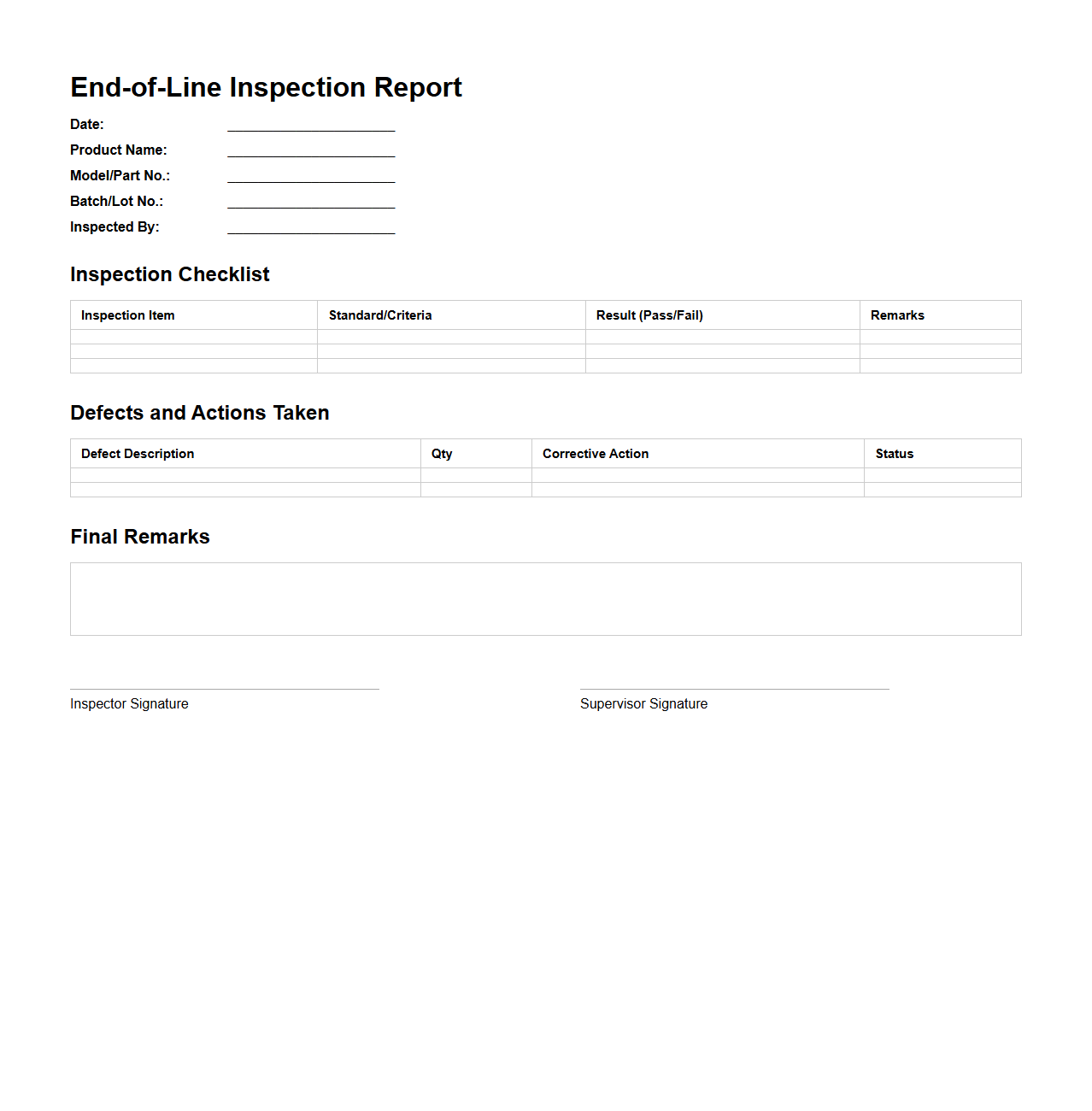 End-of-Line Inspection Report Format