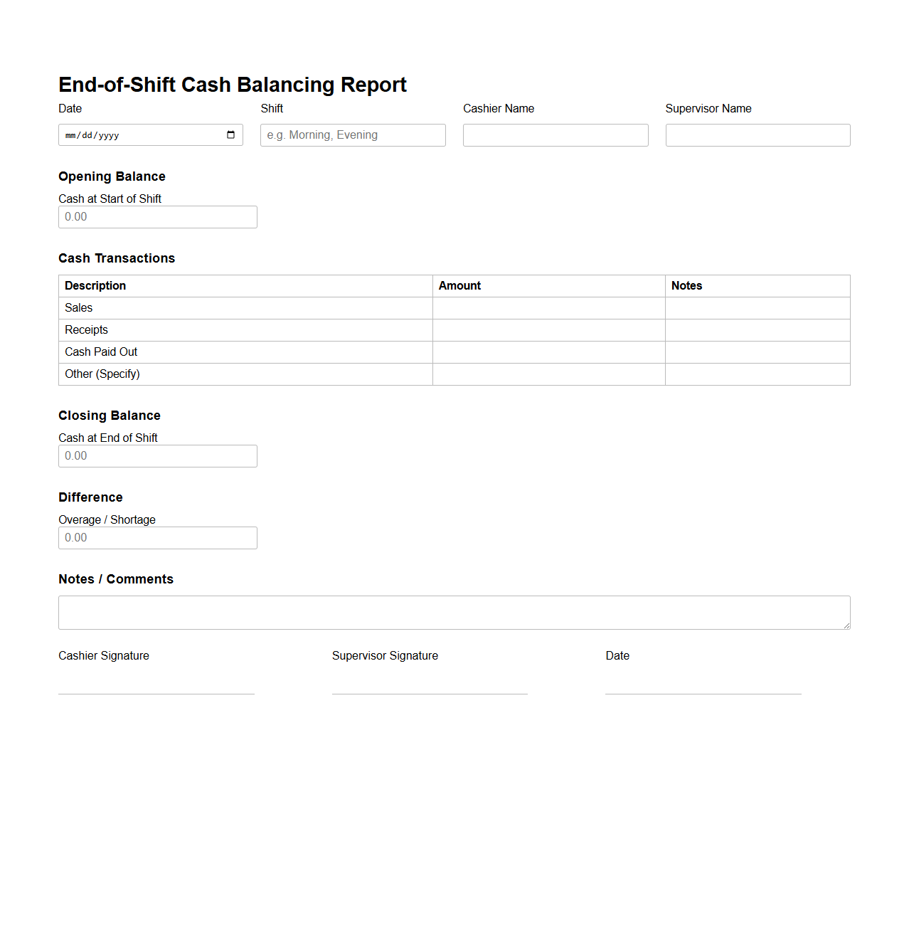 End-of-Shift Cash Balancing Report