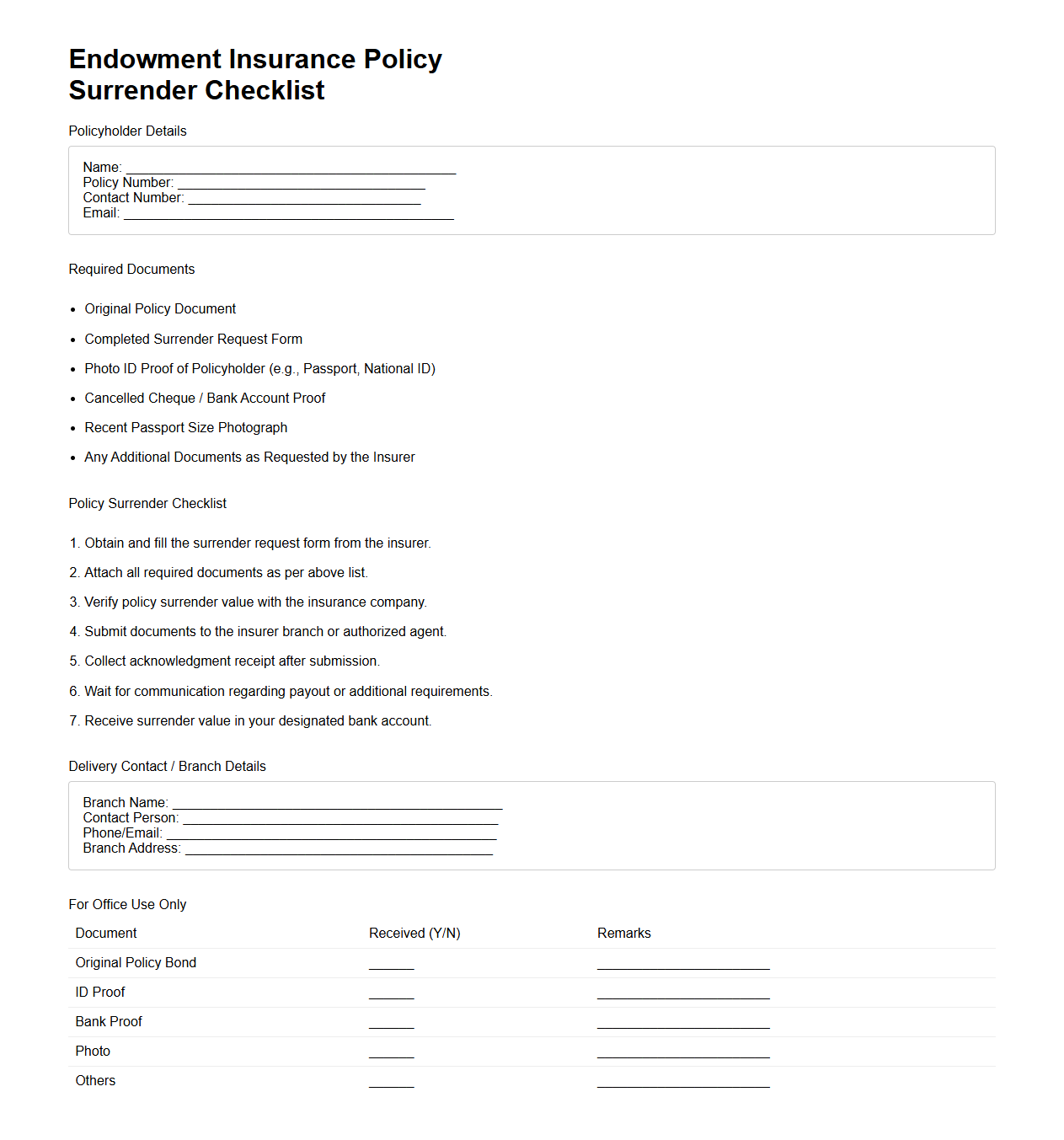 Endowment Insurance Policy Surrender Checklist
