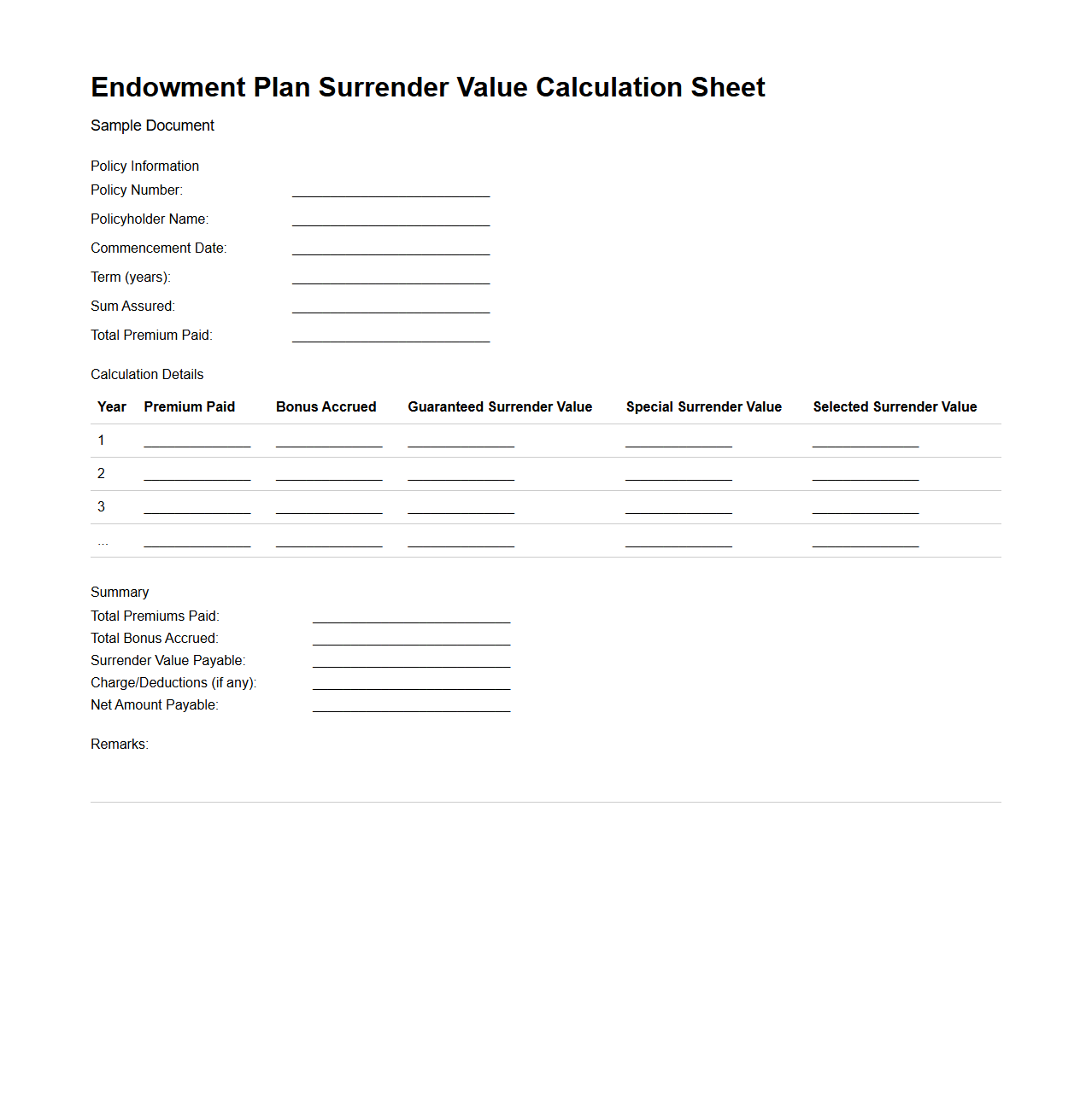 Endowment Plan Surrender Value Calculation Sheet