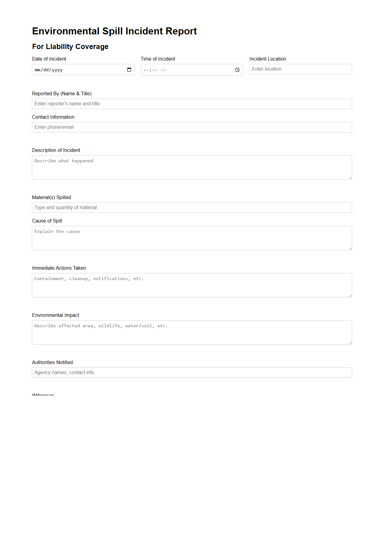 Environmental Spill Incident Report for Liability Coverage