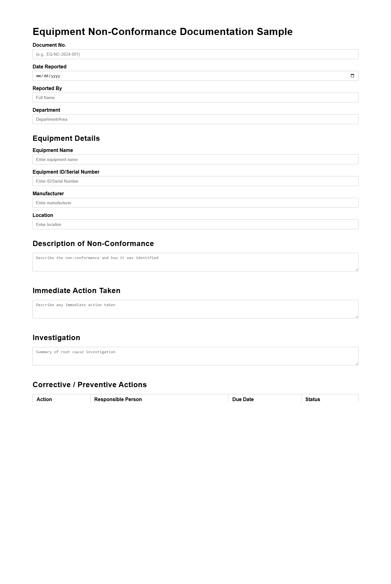 Equipment Non-Conformance Documentation Sample