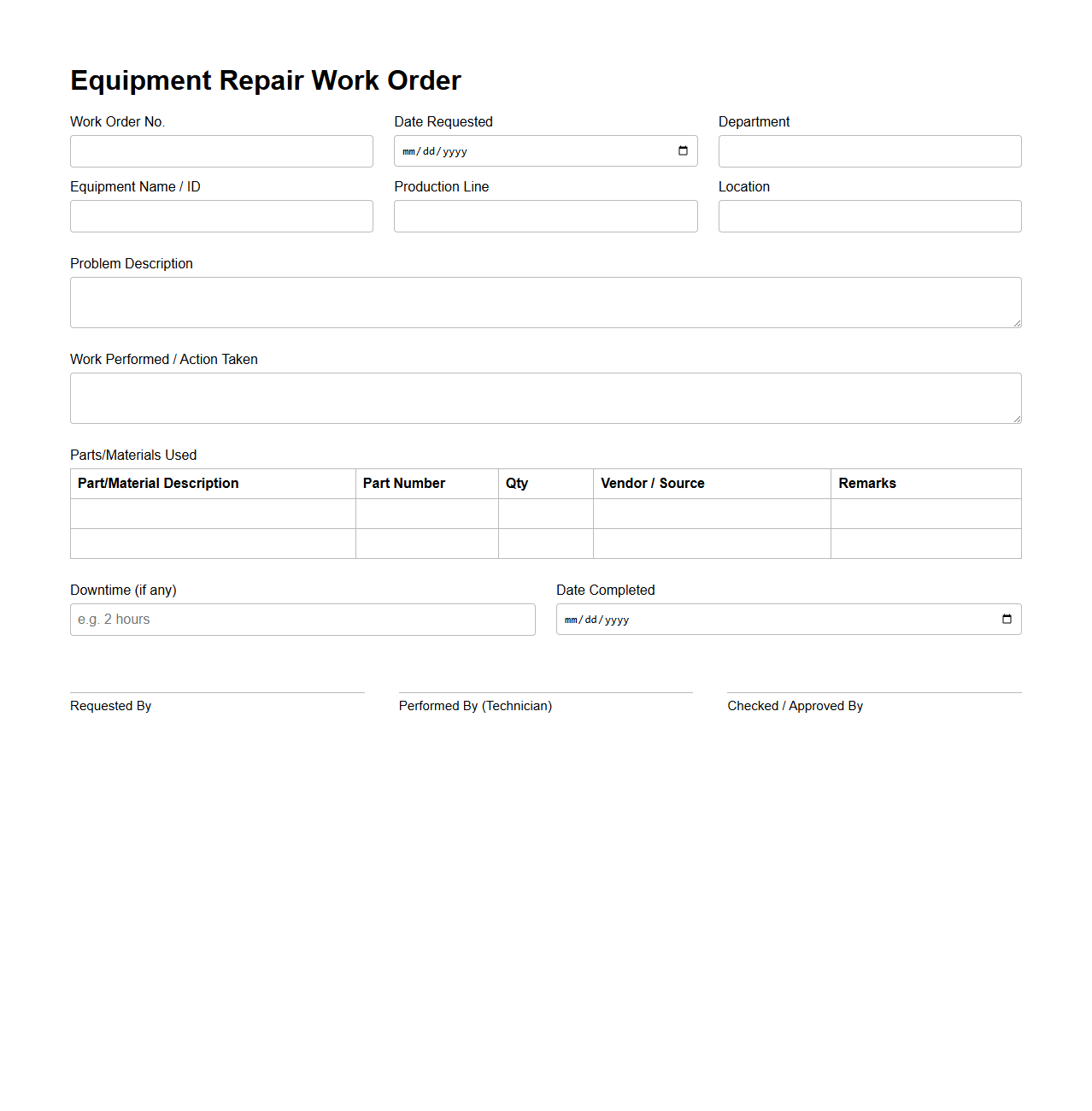 Equipment Repair Work Order for Production Lines