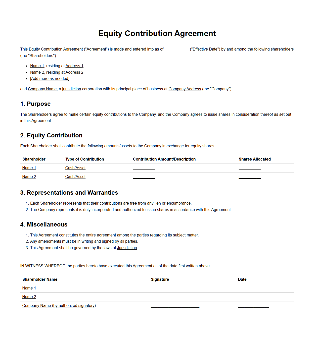 Equity Contribution Agreement Template for Shareholders