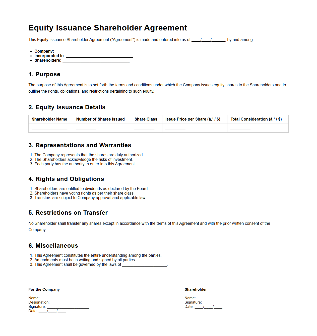 Equity Issuance Shareholder Agreement Format
