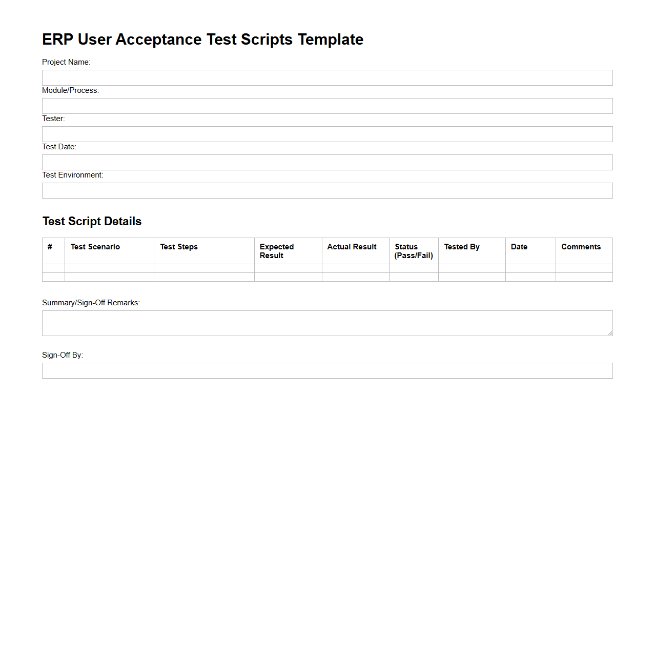 ERP User Acceptance Test Scripts Template