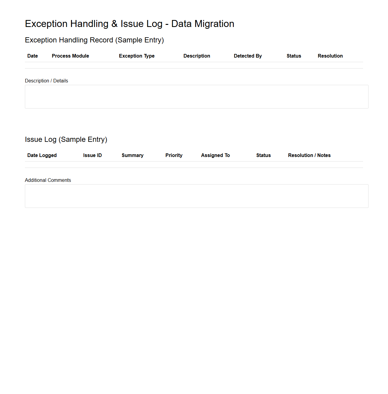Exception Handling and Issue Log for Data Migration