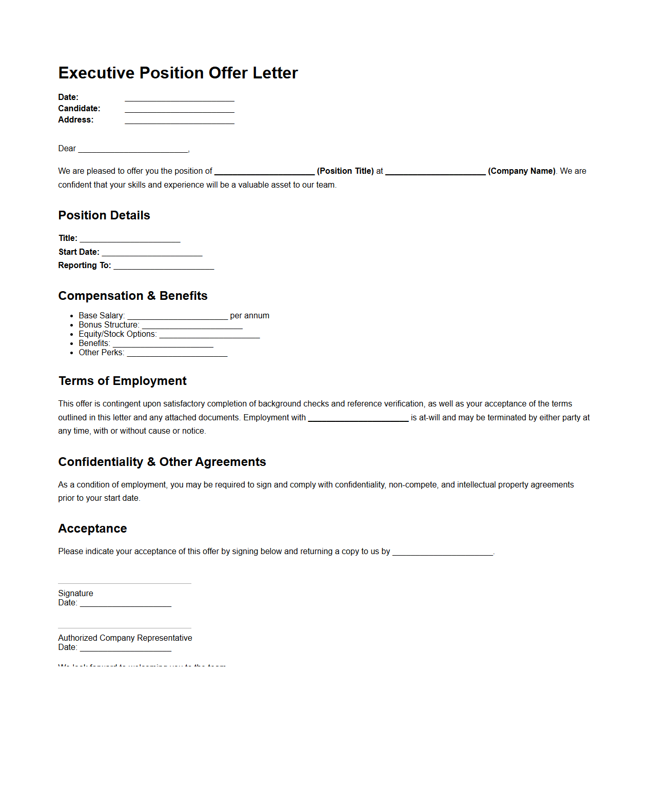 Executive Position Offer Letter Model