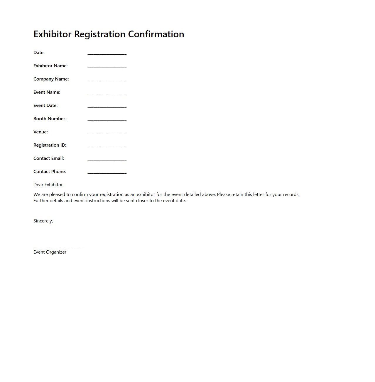 Exhibitor Registration Confirmation Letter