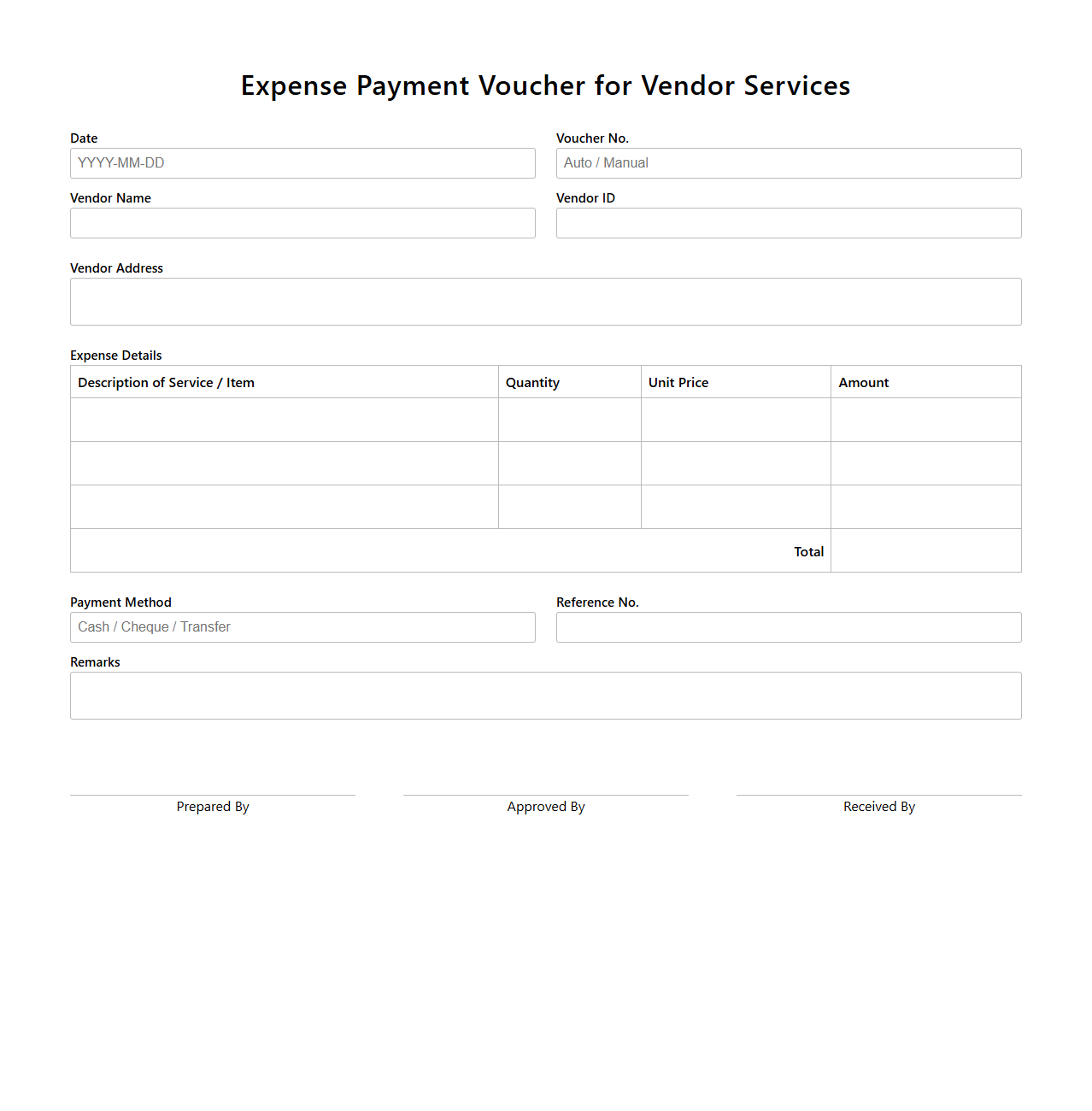 Expense Payment Voucher for Vendor Services