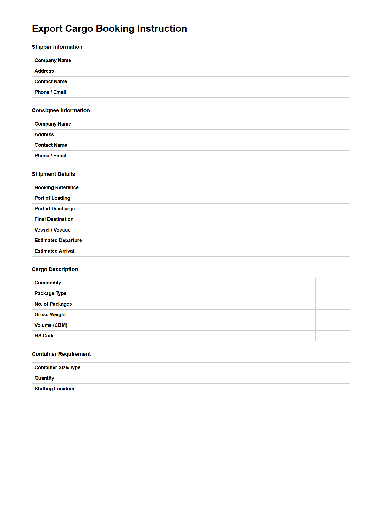 Export Cargo Booking Instruction Sample