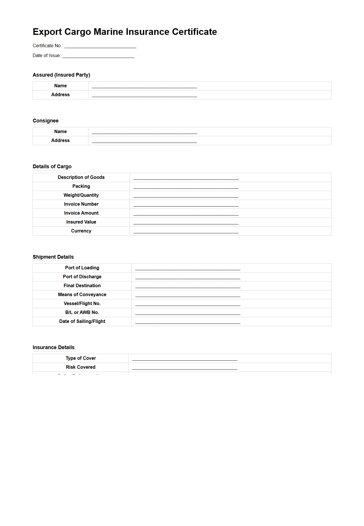 Export Cargo Marine Insurance Certificate Example