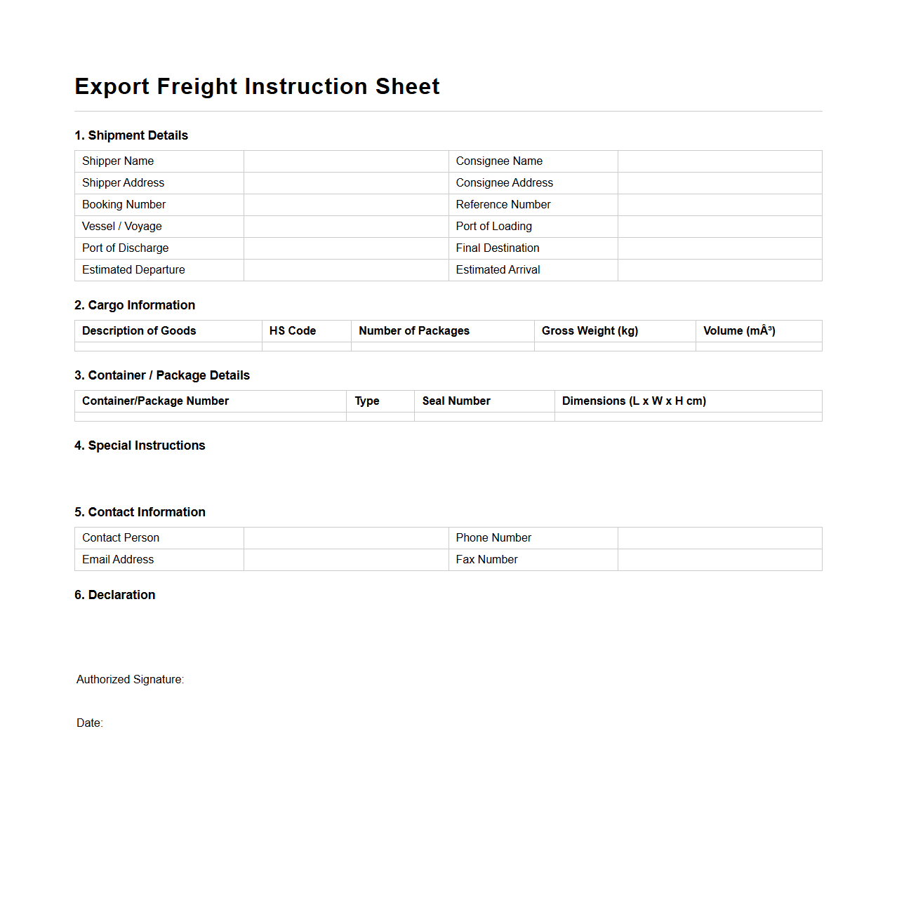 Export Freight Instruction Sheet Model