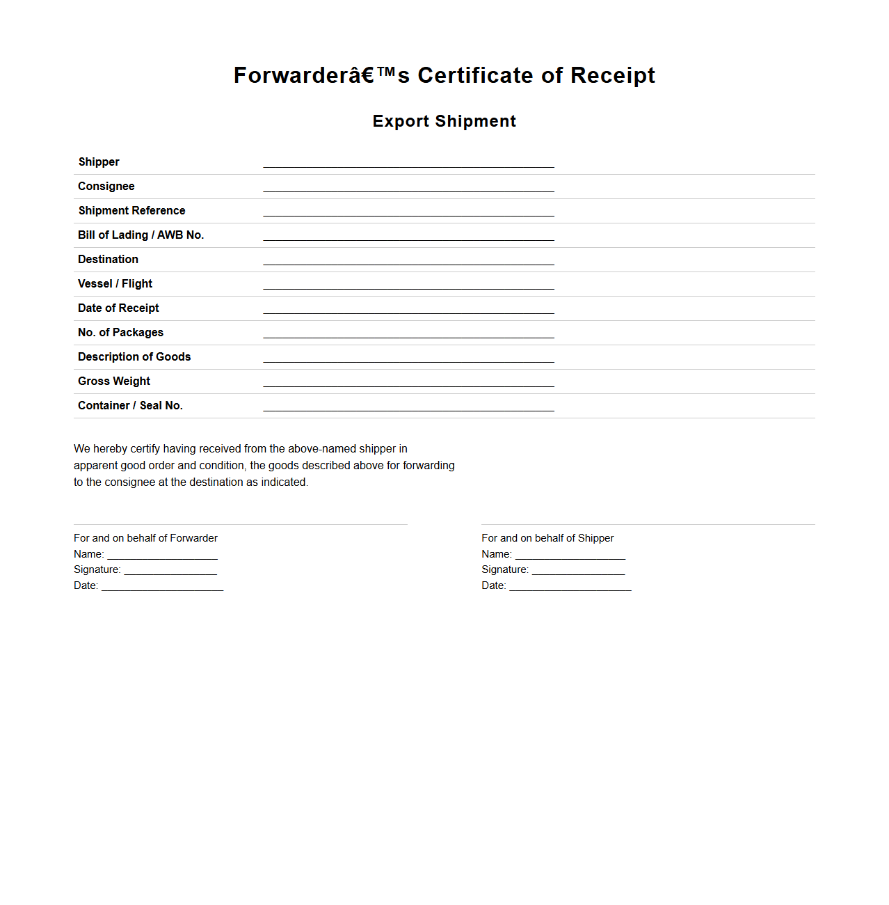 Export Shipment Forwarder’s Certificate of Receipt Layout