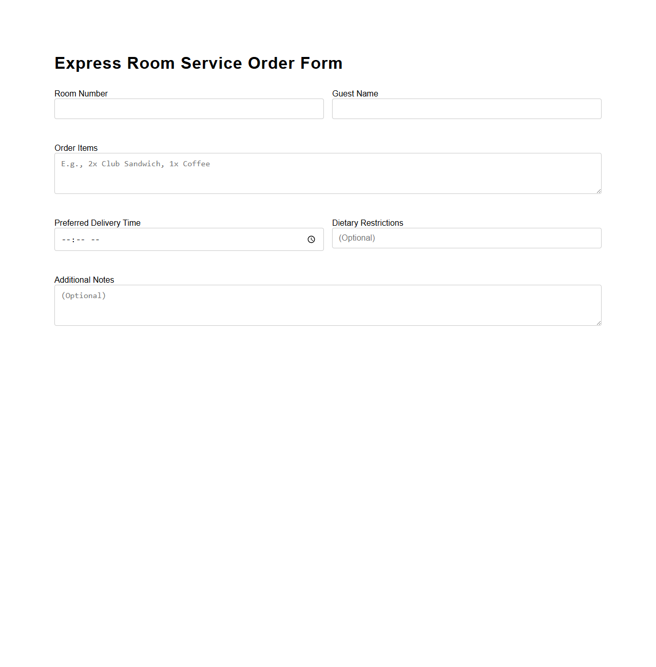 Express Room Service Order Form