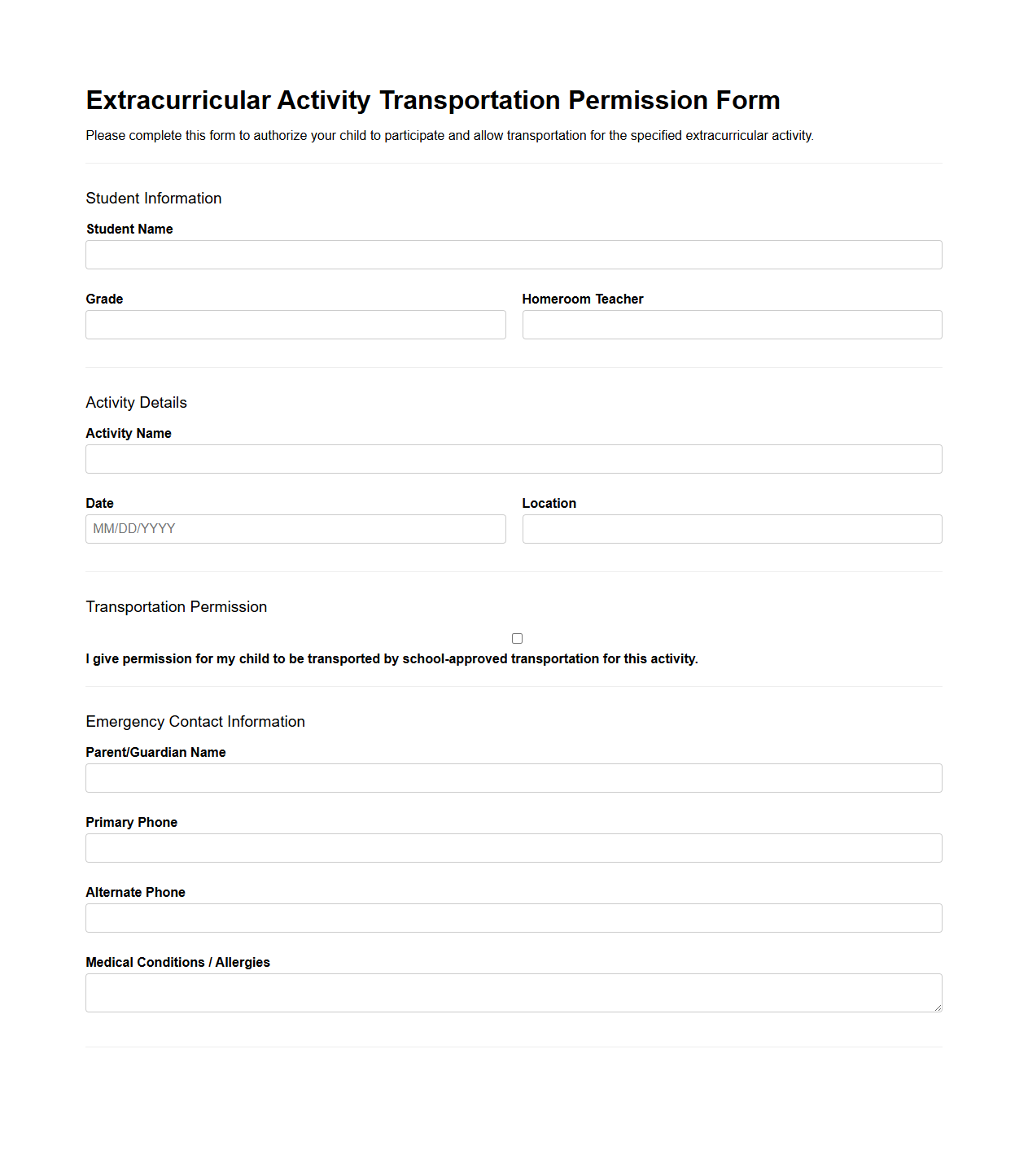 Extracurricular Activity Transportation Permission Form