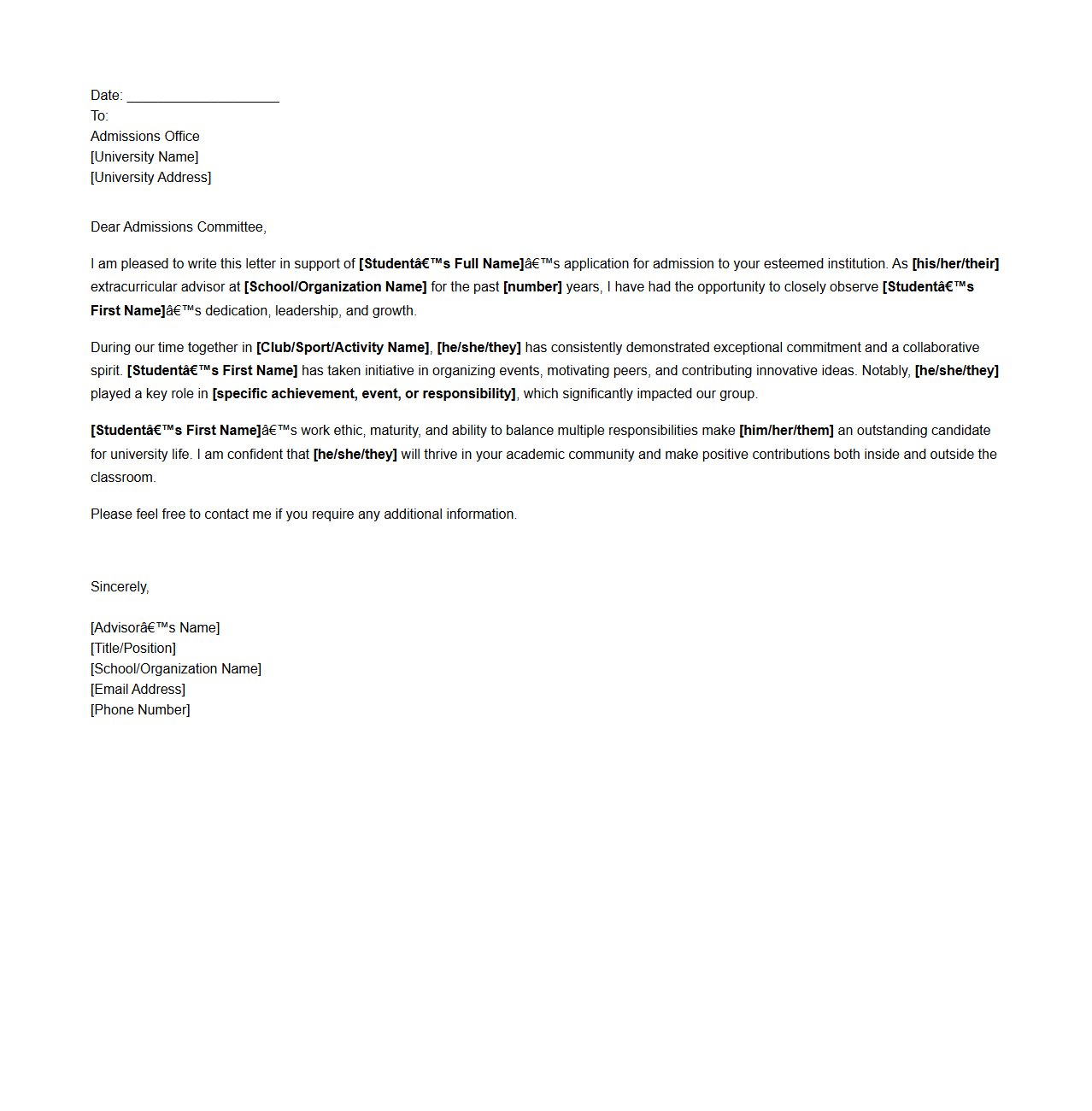 Extracurricular Advisor’s Letter for University Admission