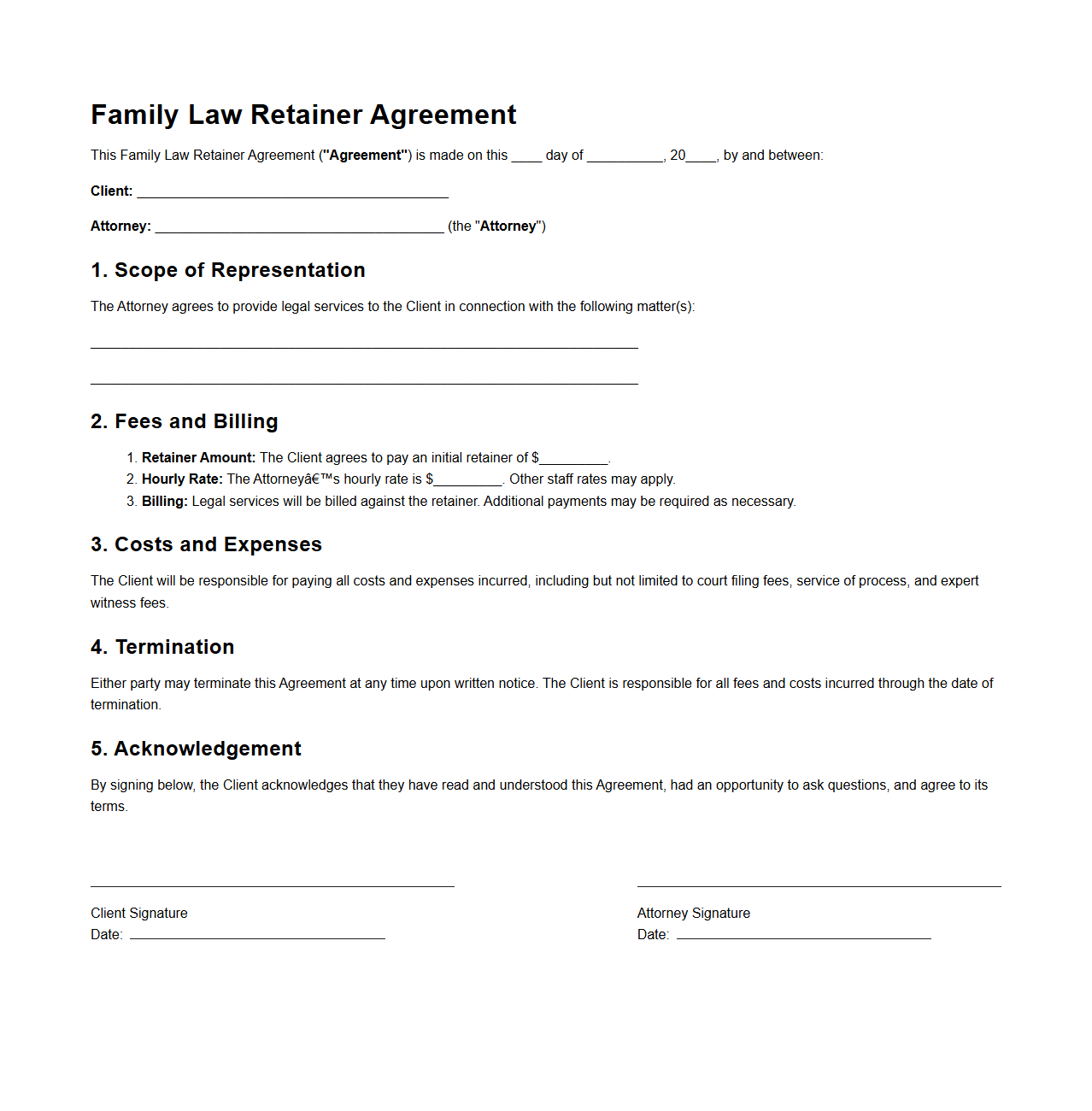 Family Law Retainer Agreement Sample