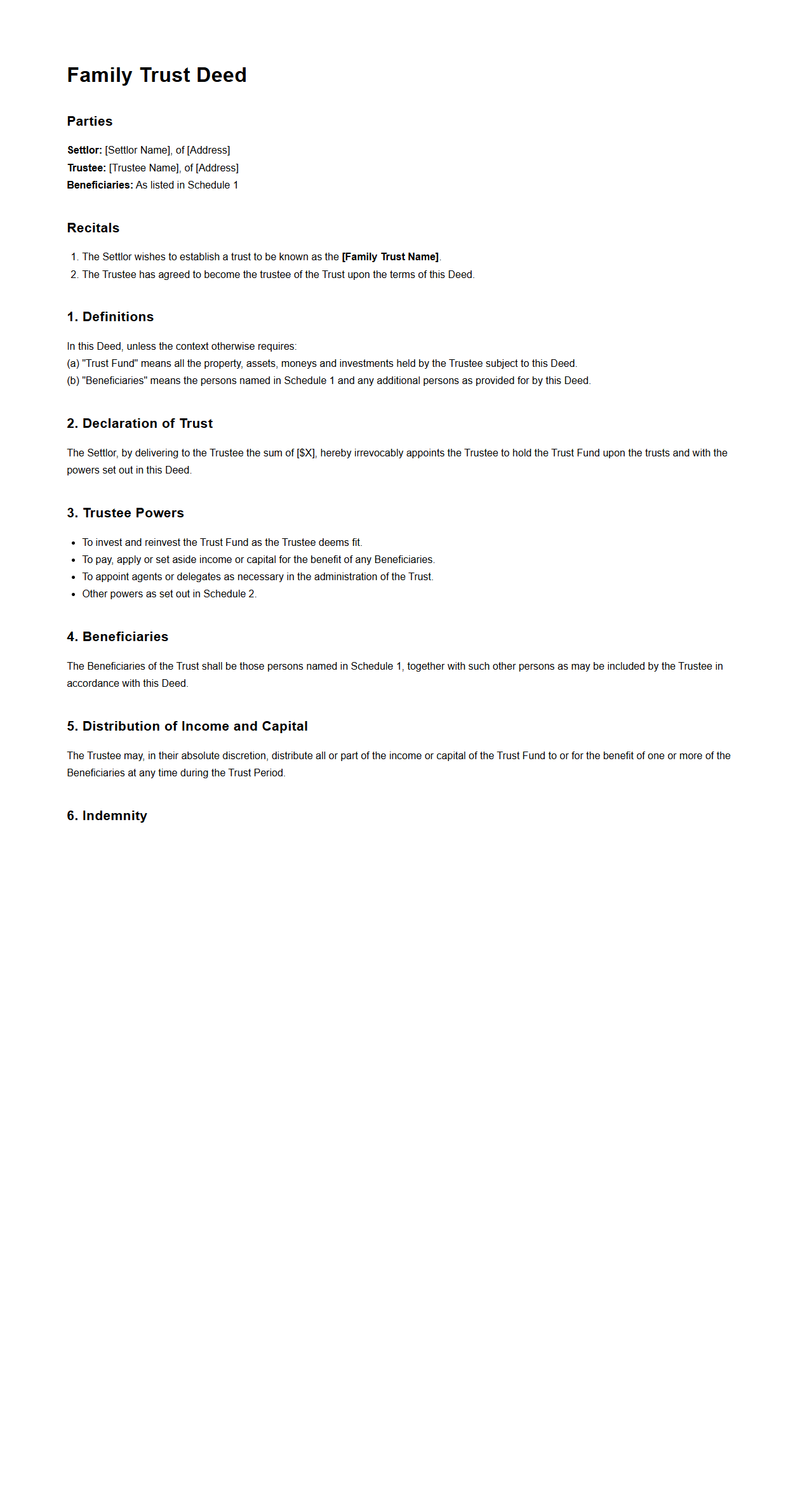 Family Trust Deed Example