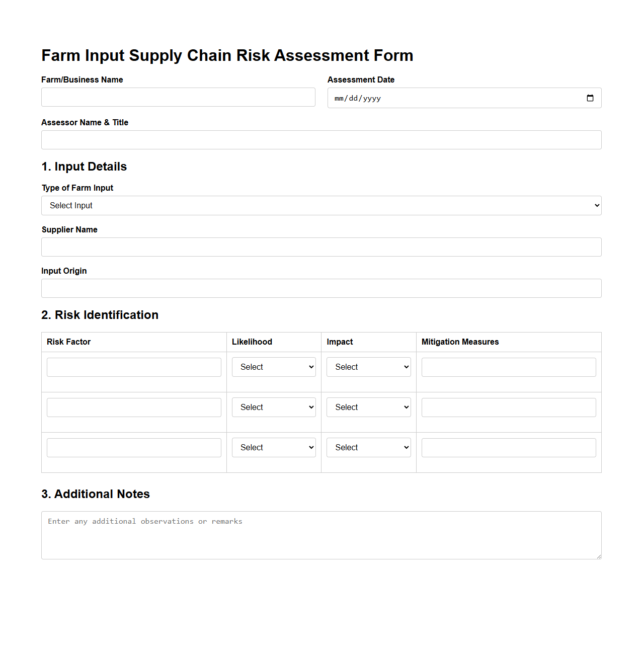 Farm Input Supply Chain Risk Assessment Form