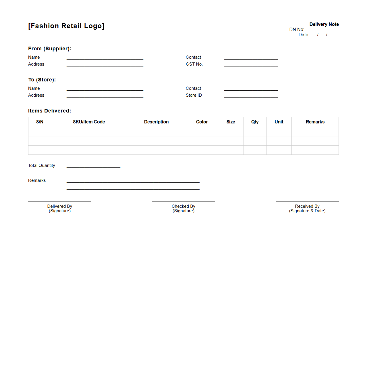 Fashion Retail Delivery Note Format