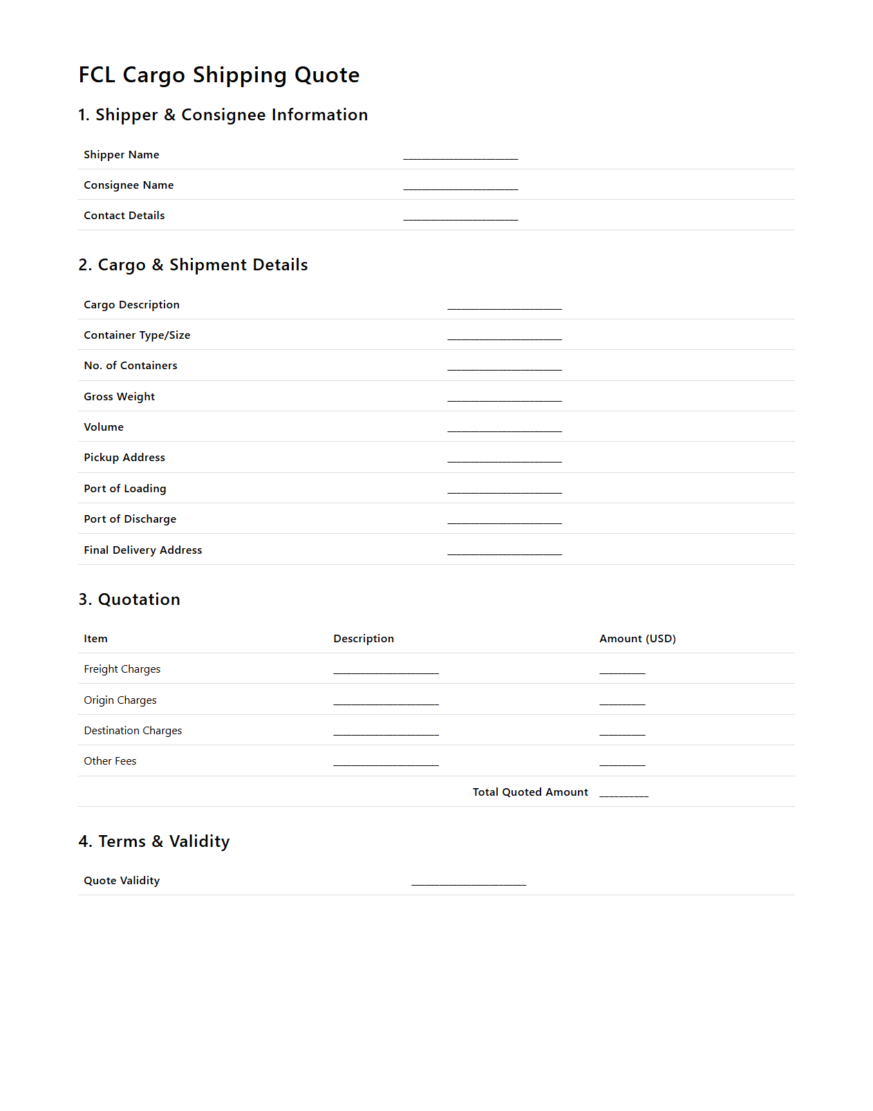 FCL Cargo Shipping Quote Document