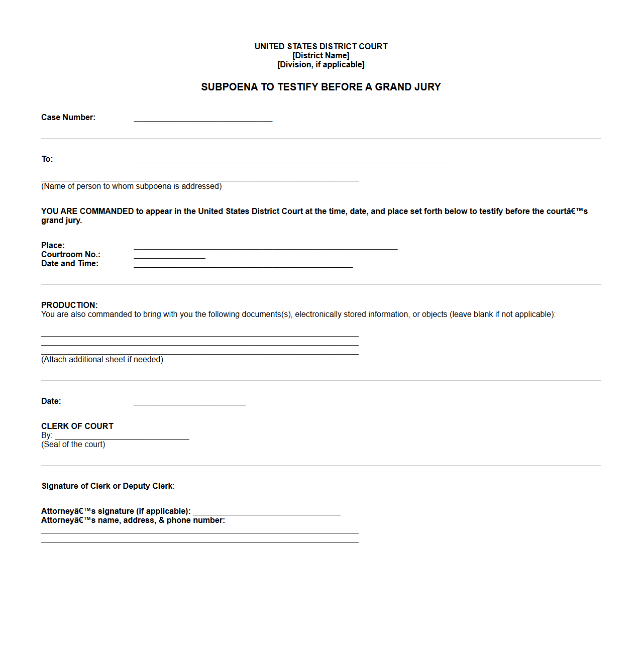 Federal Grand Jury Subpoena Format