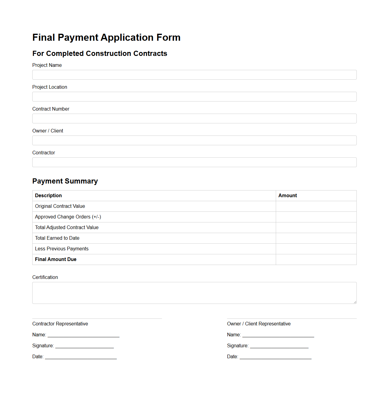Final Payment Application Form for Completed Construction Contracts