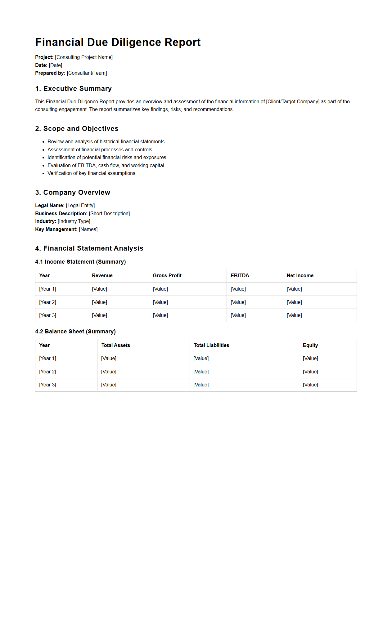 Financial Due Diligence Report for Consulting Projects