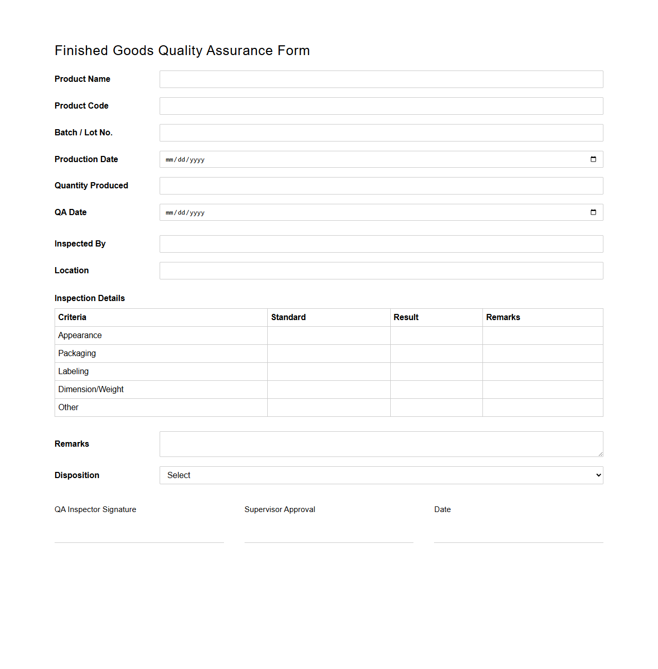 Finished Goods Quality Assurance Form