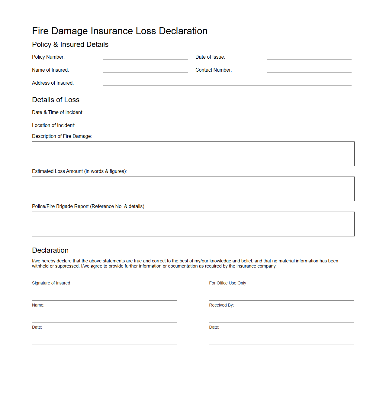 Fire Damage Insurance Loss Declaration