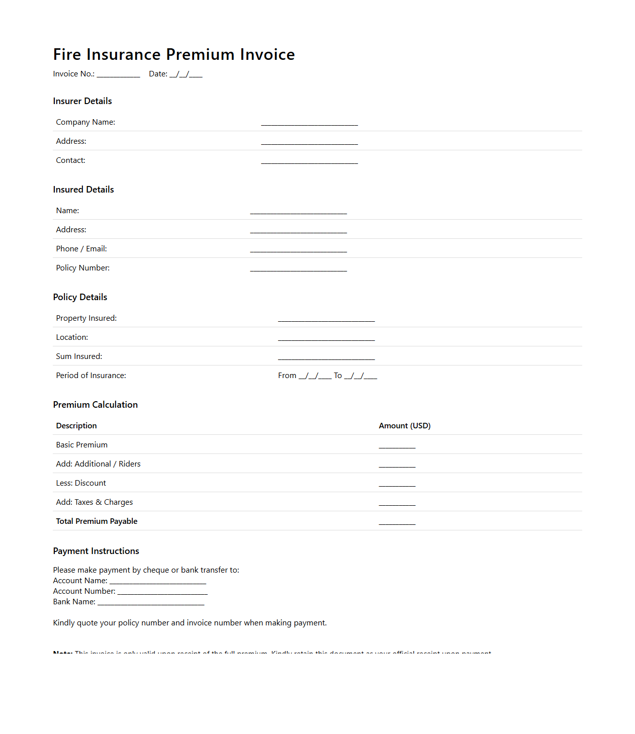 Fire Insurance Premium Invoice Sample