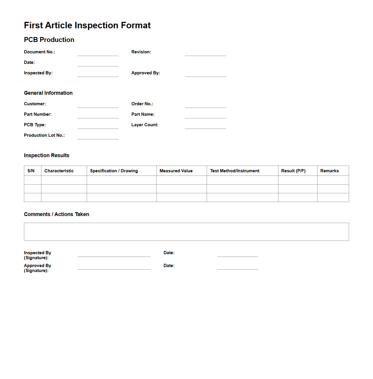 First Article Inspection Format for PCB Production