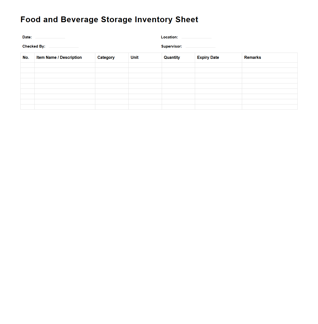 Food and Beverage Storage Inventory Sheet