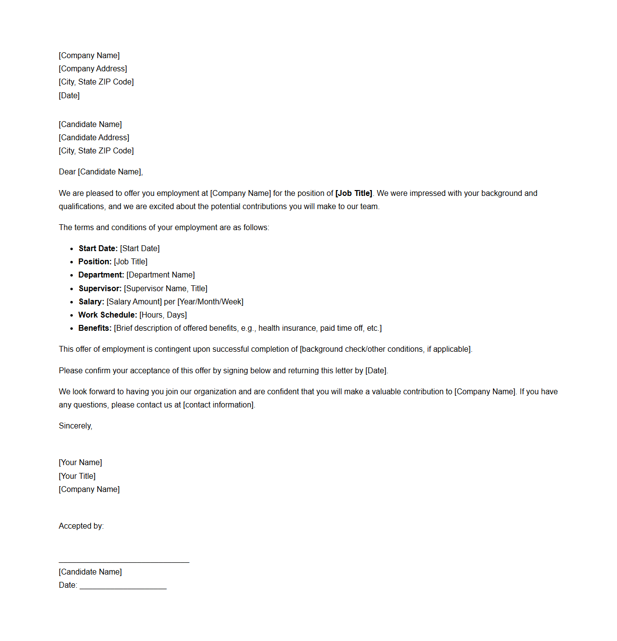 Formal Employment Offer Letter Sample