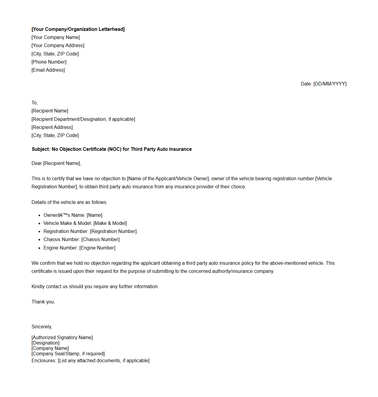 Formal NOC Letter Template for Third Party Auto Insurance
