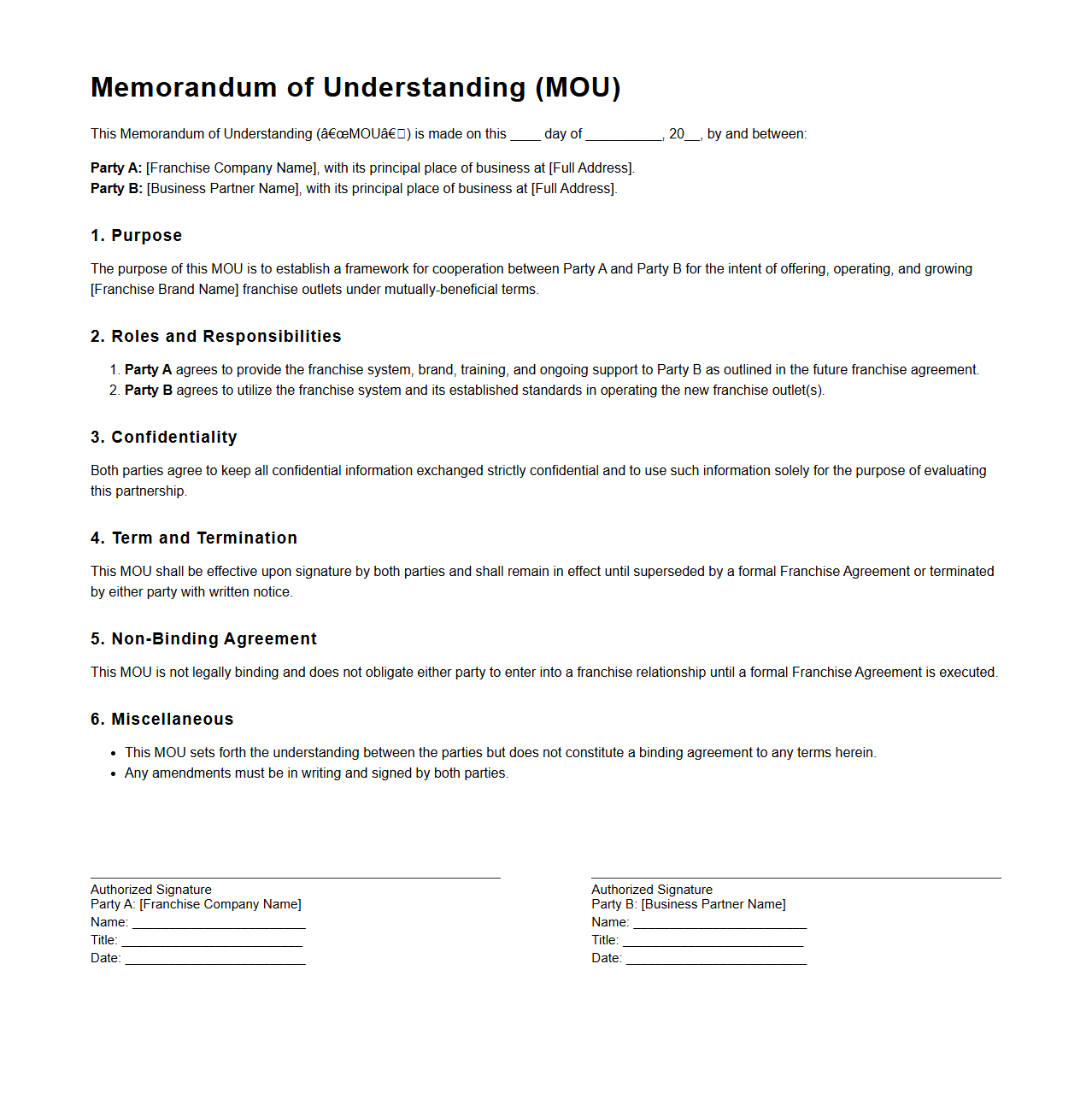 Franchise Partnership MOU Example for Businesses