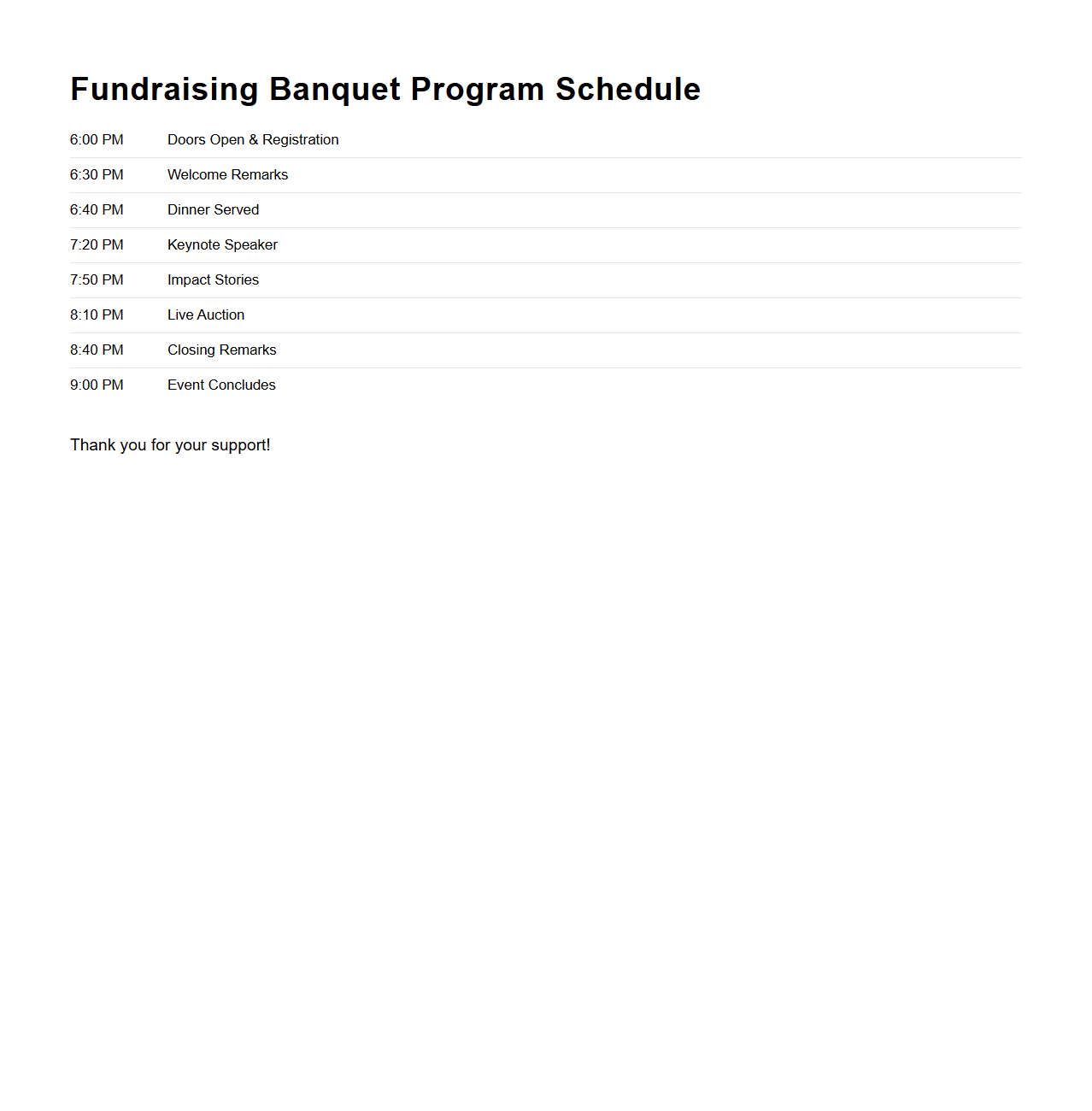 Fundraising Banquet Program Schedule