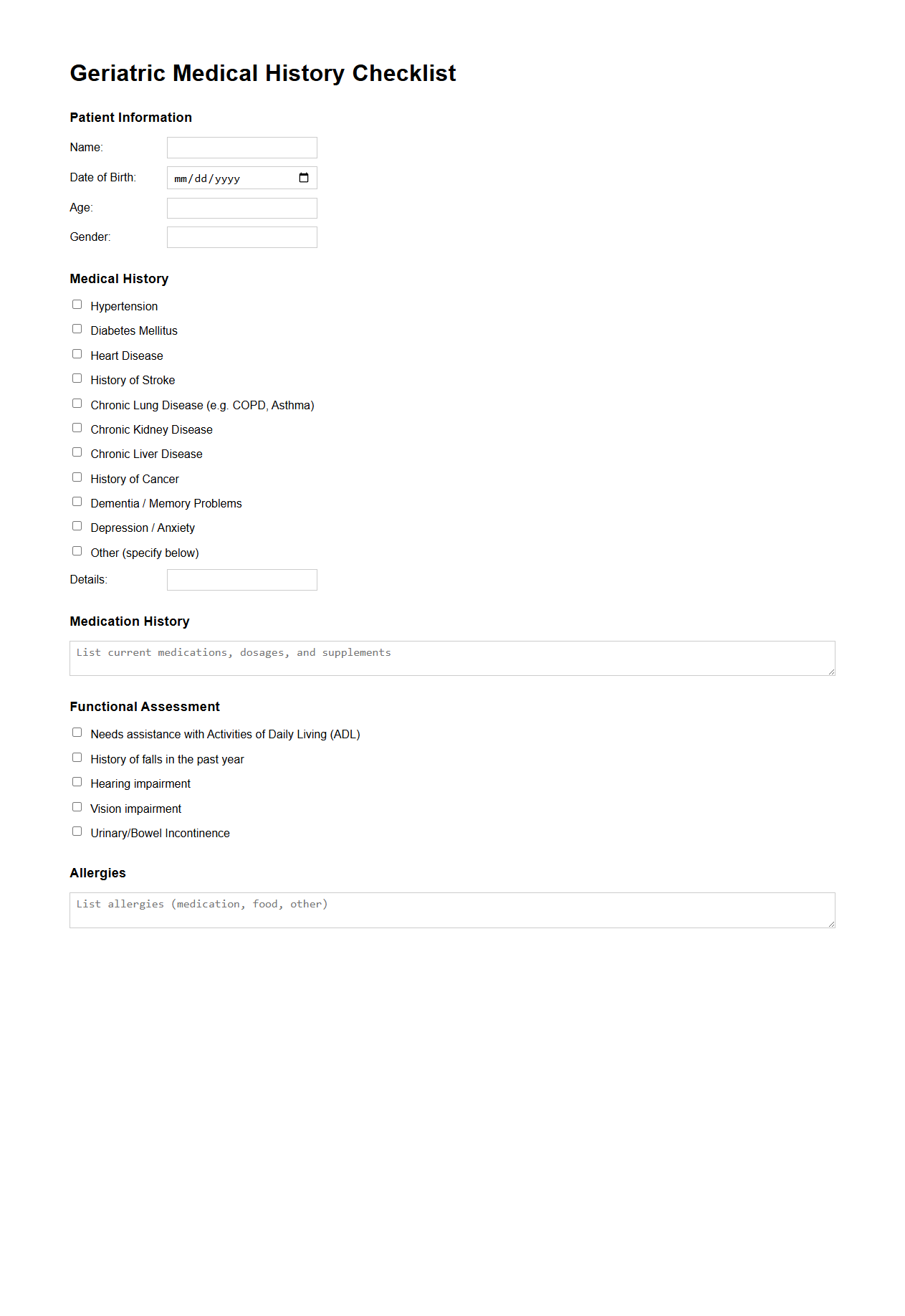 Geriatric Medical History Checklist