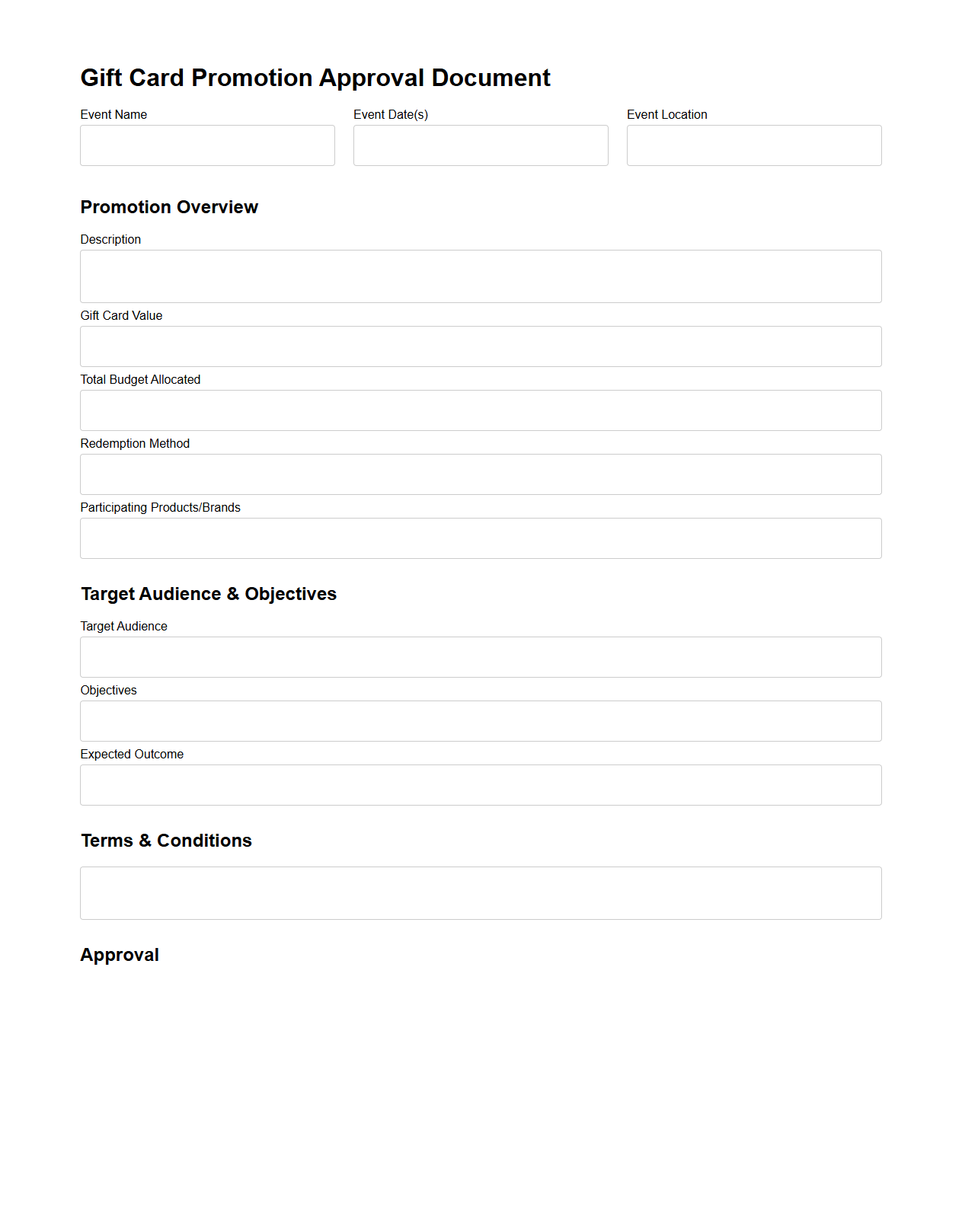 Gift Card Promotion Approval Document for Retail Events