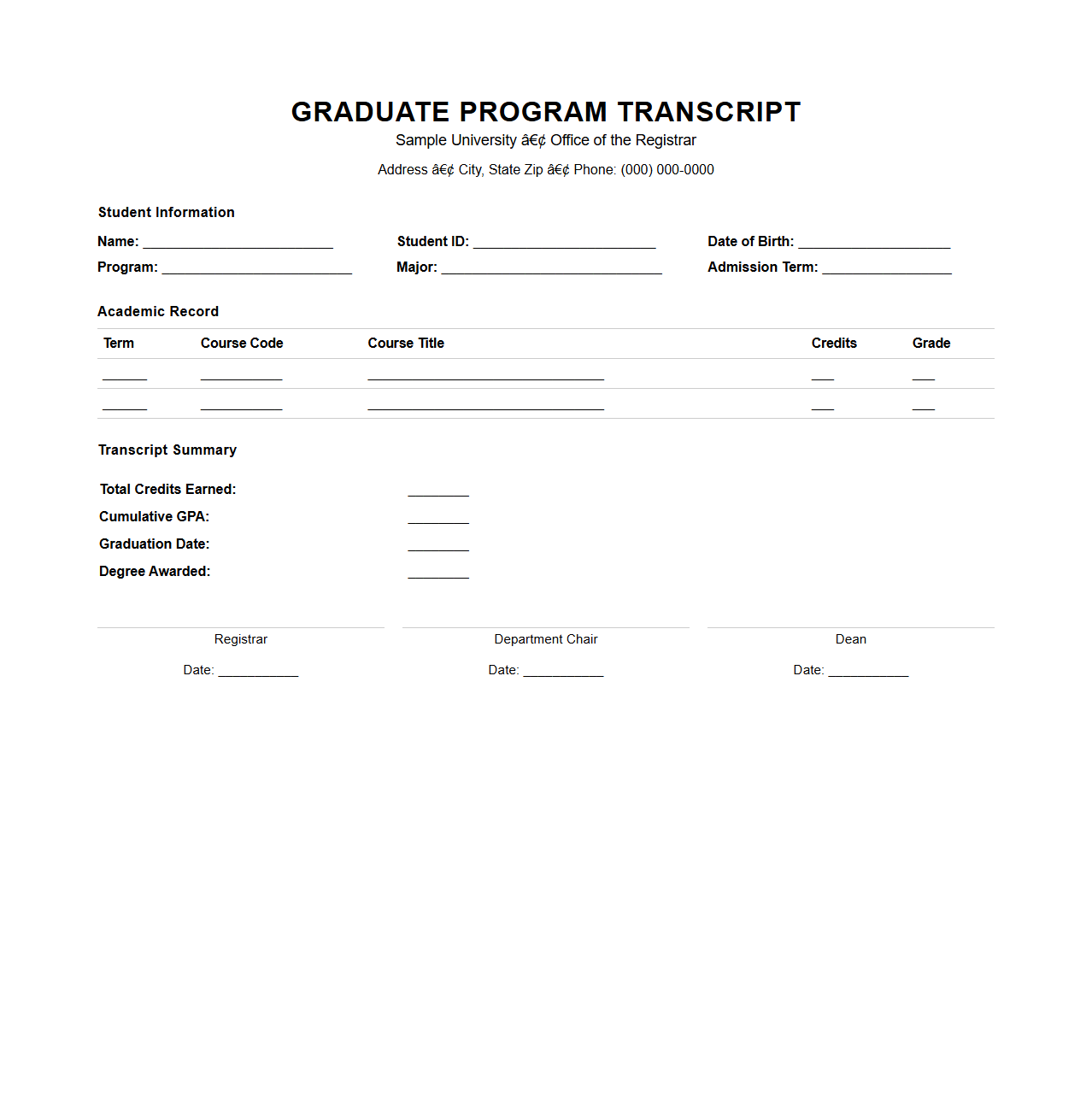 Graduate Program Transcript Format