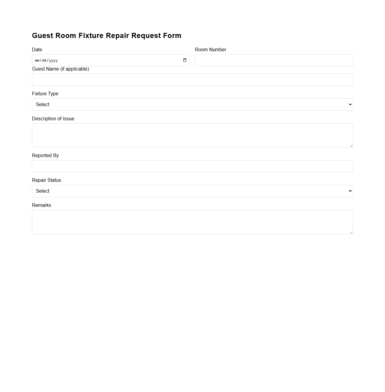 Guest Room Fixture Repair Request Form