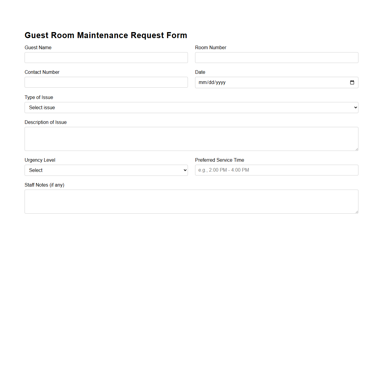 Guest Room Maintenance Request Form Template