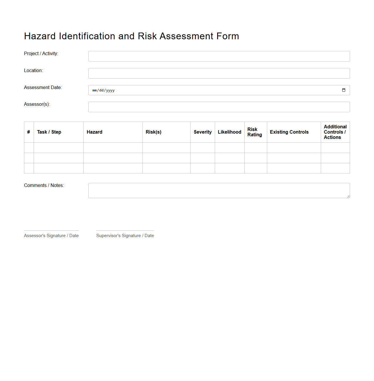 Hazard Identification and Risk Assessment Form