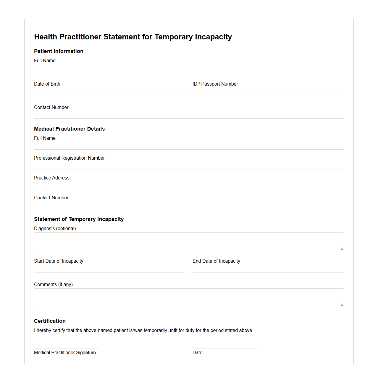 Health Practitioner Statement for Temporary Incapacity