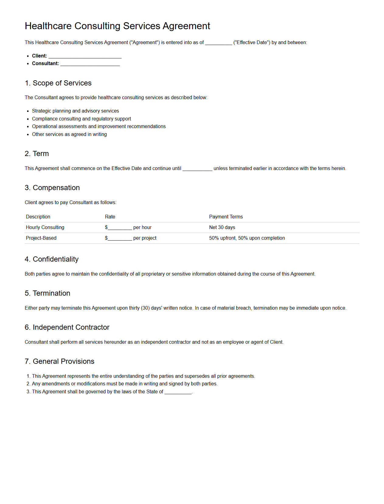 Healthcare Consulting Services Agreement Sample