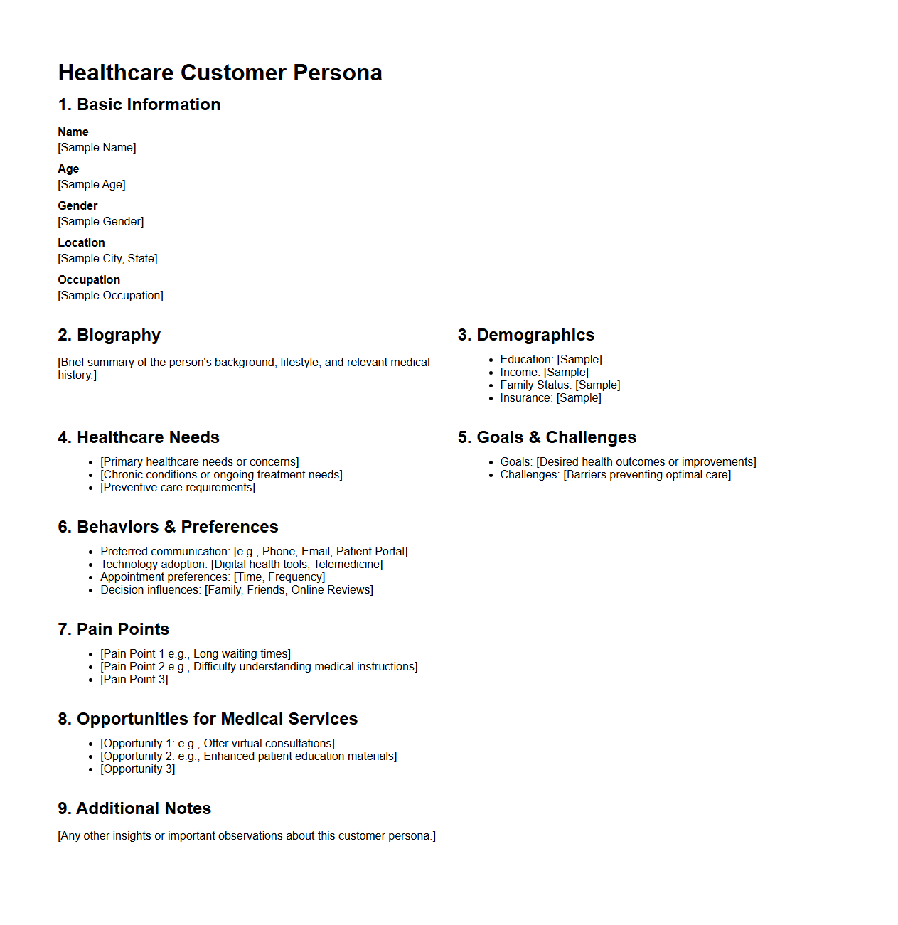 Healthcare Customer Persona Document Sample for Medical Services