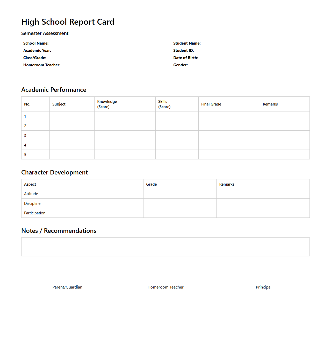 High School Report Card Template for Semester Assessment
