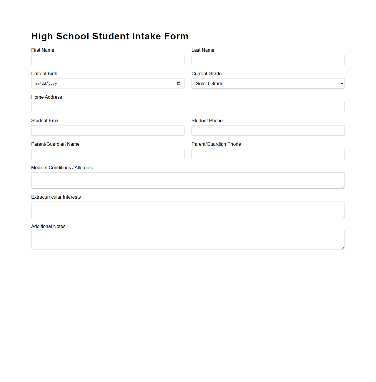 High School Student Intake Form
