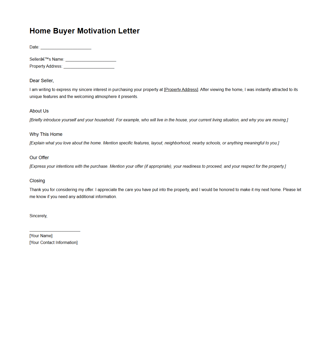 Home Buyer Motivation Letter Template